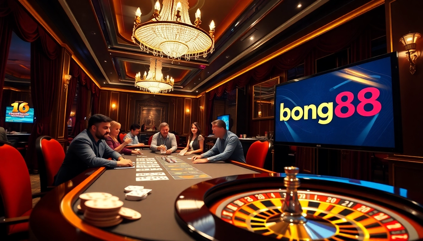 Bong88 players engaged in an exciting poker game amidst luxurious casino ambiance.
