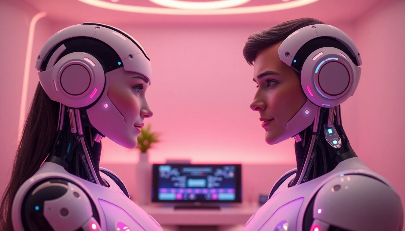 Engaging interaction between a user and a lifelike sex bot in a futuristic room.