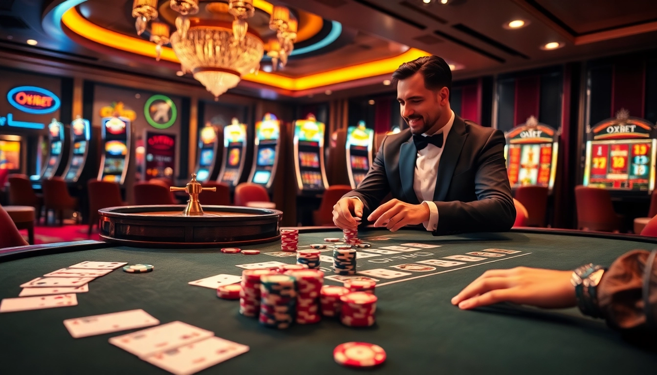 Experience the thrill of gambling at Oxbet with a luxurious casino scene featuring poker and roulette.