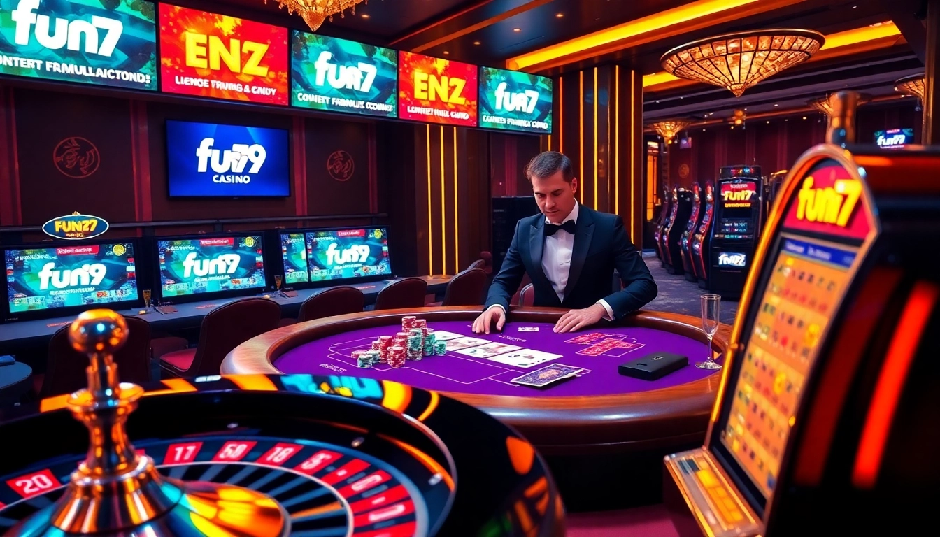 fun79's exciting poker table scene with colorful chips and vibrant roulette wheel inviting gamblers.