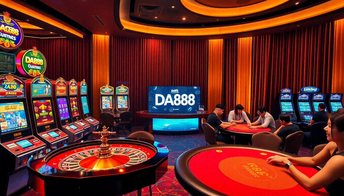 Players enjoying gambling excitement at the casino DA88, with vibrant slot machines and roulette.