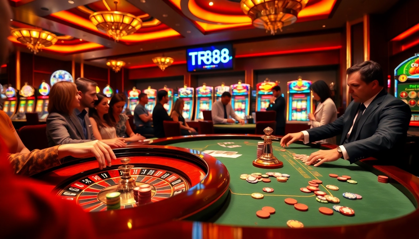 Players engaging in a thrilling casino game with "tr88" prominently featured, showcasing excitement and strategy.