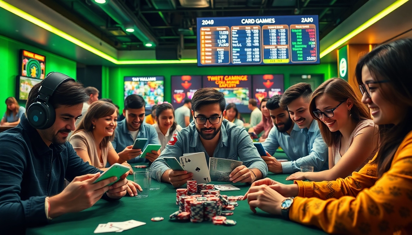 Enthusiastic players at topgamebaidoithuong.mx enjoying immersive online card games in a vibrant gaming lounge.