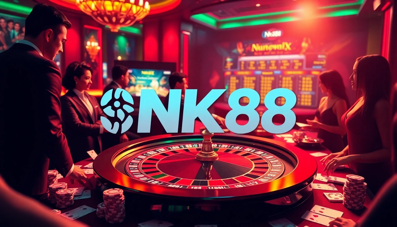 Intense gameplay at NK88 casino, showcasing poker chips, cards, and a roulette table.