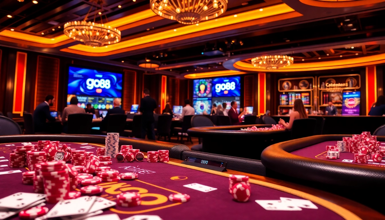 Exciting scene of online gambling at go88 with poker chips and casino tables under vibrant lights.