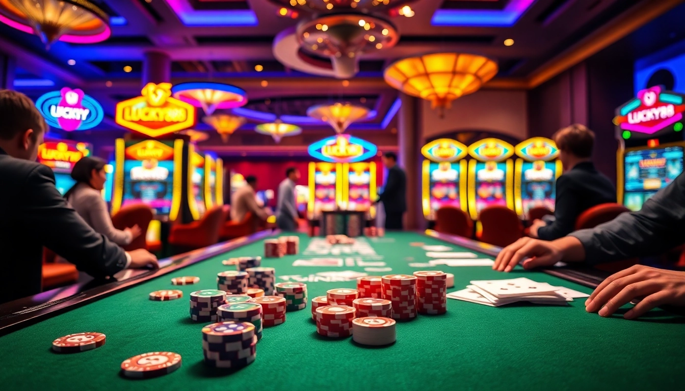 Experience the thrill of winning with LUCKY88 as players engage at a vibrant casino table.