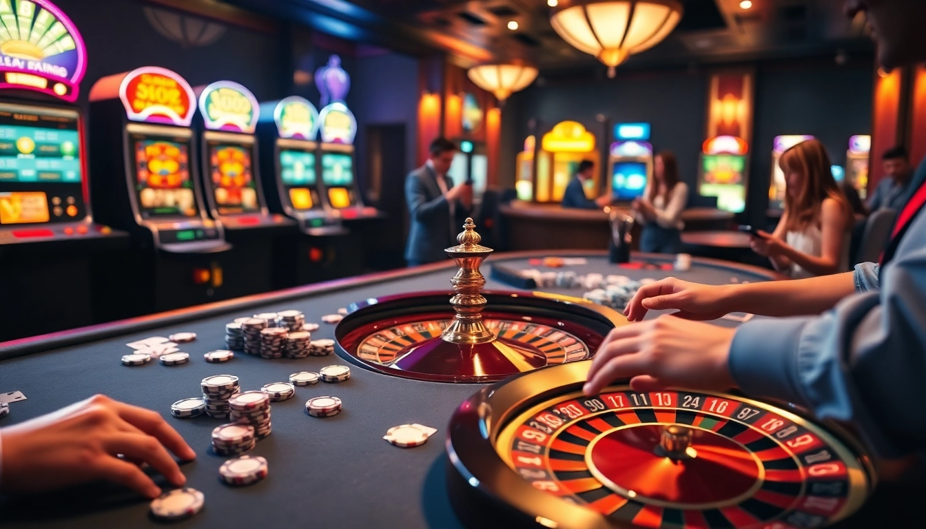 Players engaging in immersive gambling experiences at JUN88, featuring vibrant casino tables and interactive games.