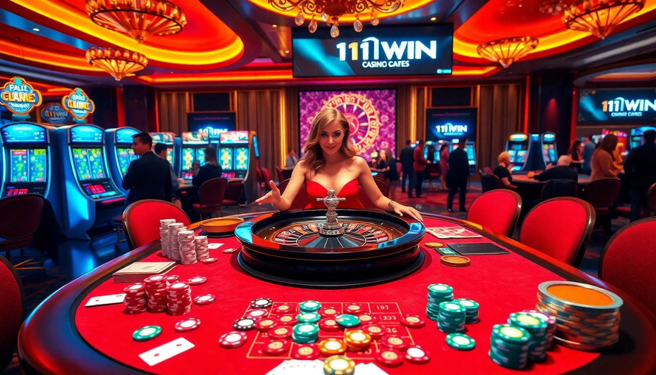 Gamble elegantly with 11WIN at a vibrant casino table adorned with poker chips.