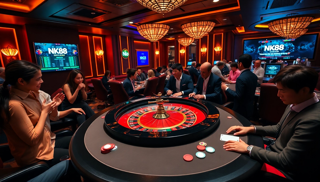 Players placing bets at an NK88 roulette table in a luxurious casino setting.