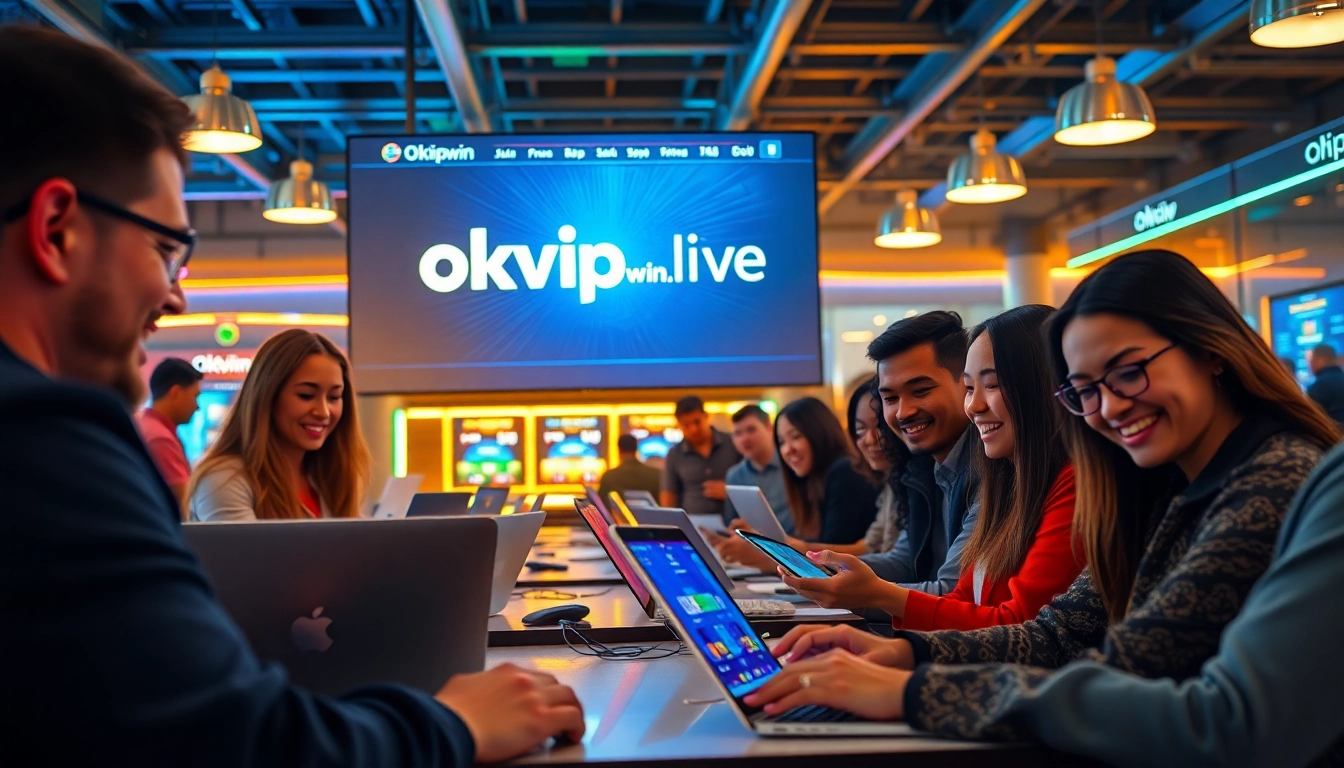 Engaged users exploring okvipwin.live, a modern online gambling platform in an exciting environment.
