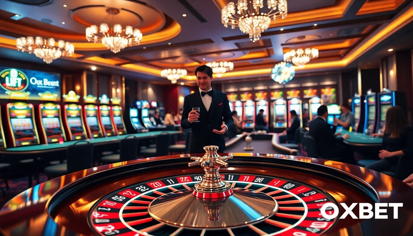 Players enjoy an exhilarating game at OXBET's vibrant casino table setting.