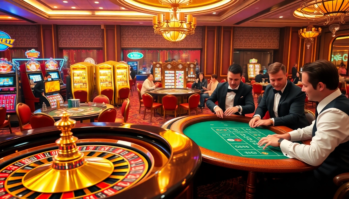 Gamble with excitement at https://s666hn.com/ with a luxurious casino scene featuring roulette and poker tables.