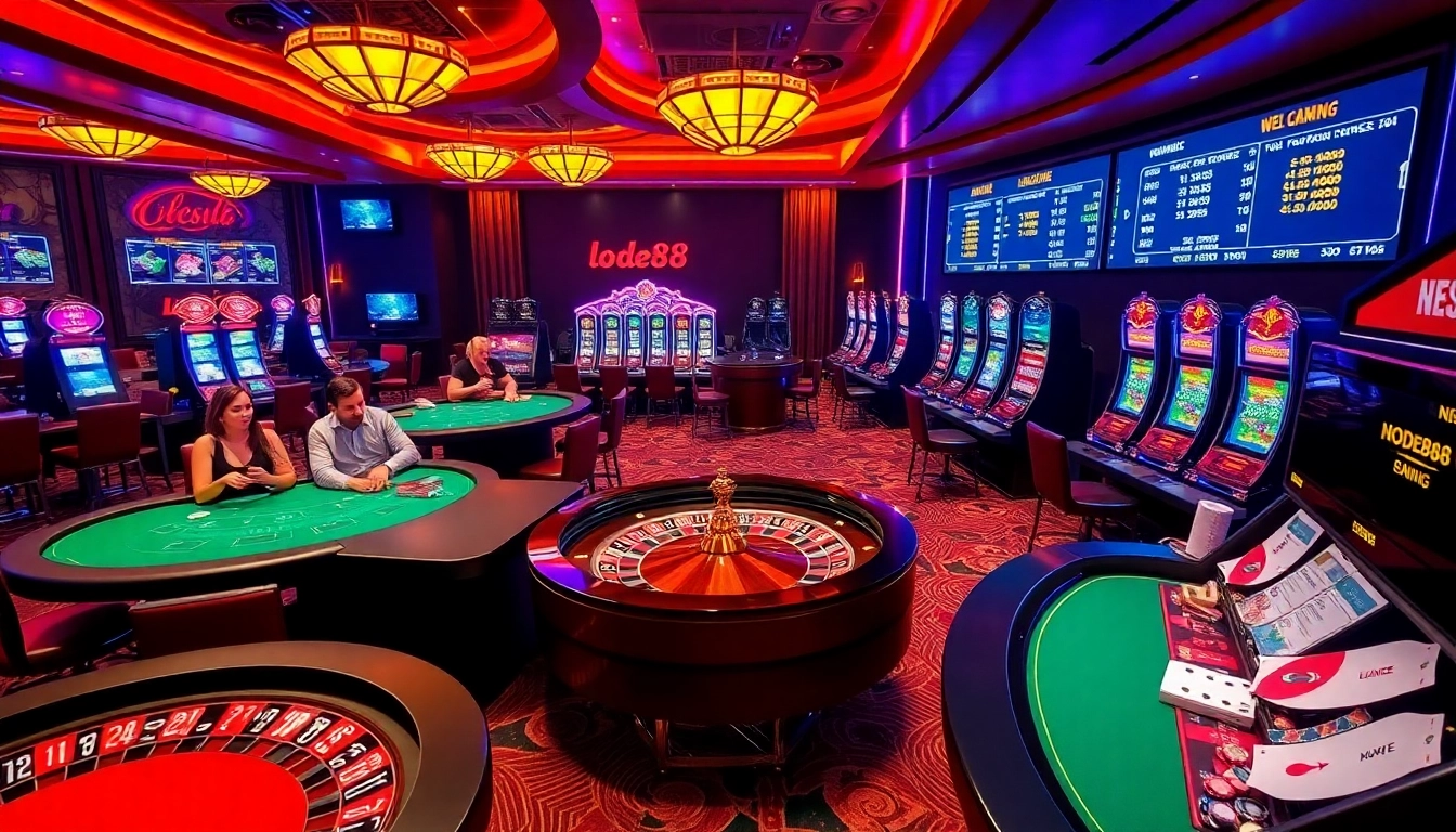 Exciting lode88 online betting scene with poker tables and colorful slot machines.